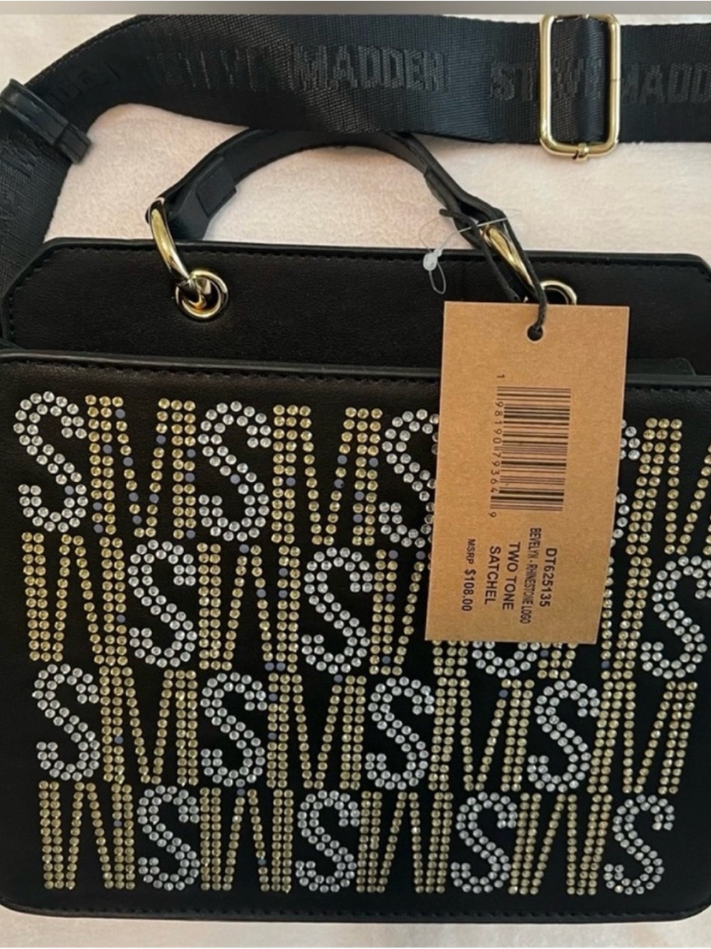 Steve Madden Black Satchel with Gold and Silver Stud Logo